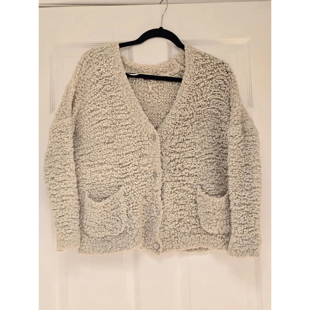 Free People Popcorn Knit Cardigan Sweater Oatmeal Cream Button Front XS